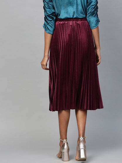 Women's Burgundy Velvet Pleated Midi Skirt
