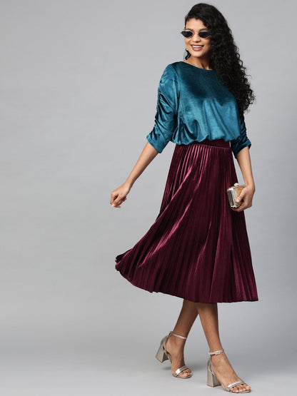 Women's Burgundy Velvet Pleated Midi Skirt