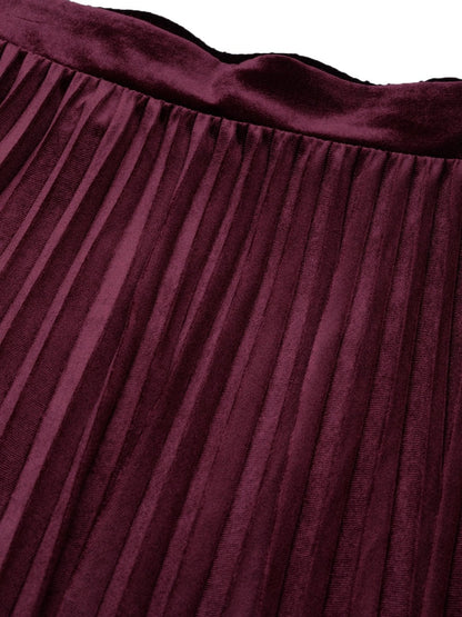 Women's Burgundy Velvet Pleated Midi Skirt