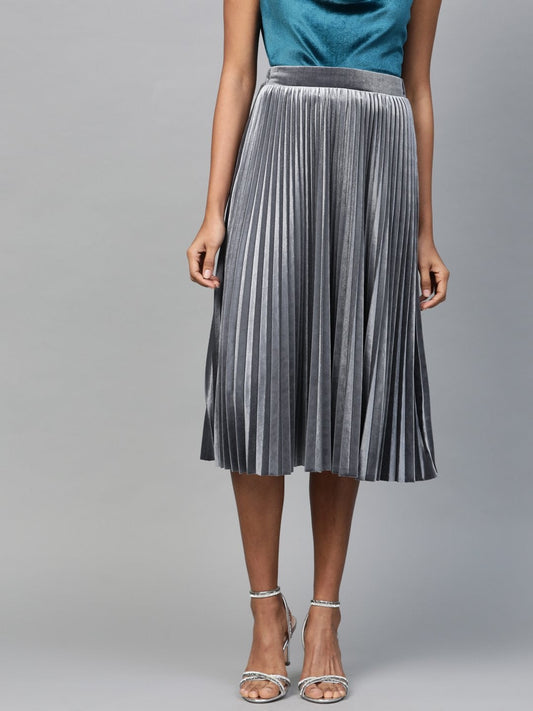 Women's Grey Velvet Pleated Midi Skirt
