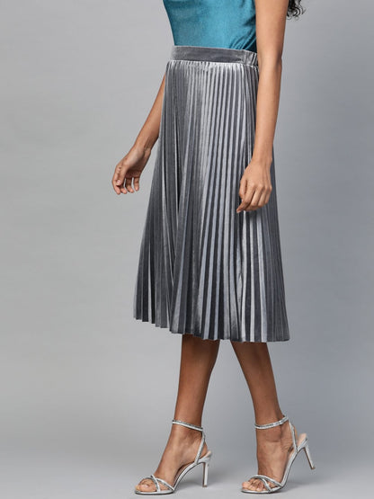 Women's Grey Velvet Pleated Midi Skirt