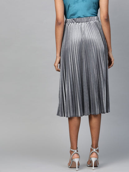 Women's Grey Velvet Pleated Midi Skirt