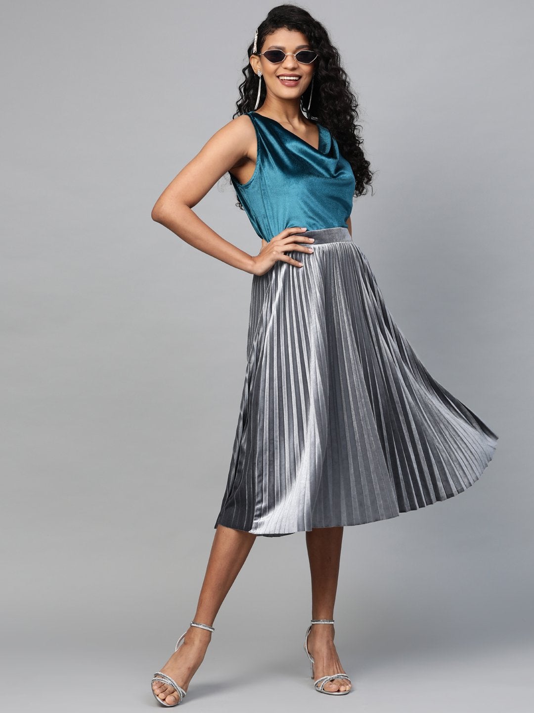 Women's Grey Velvet Pleated Midi Skirt