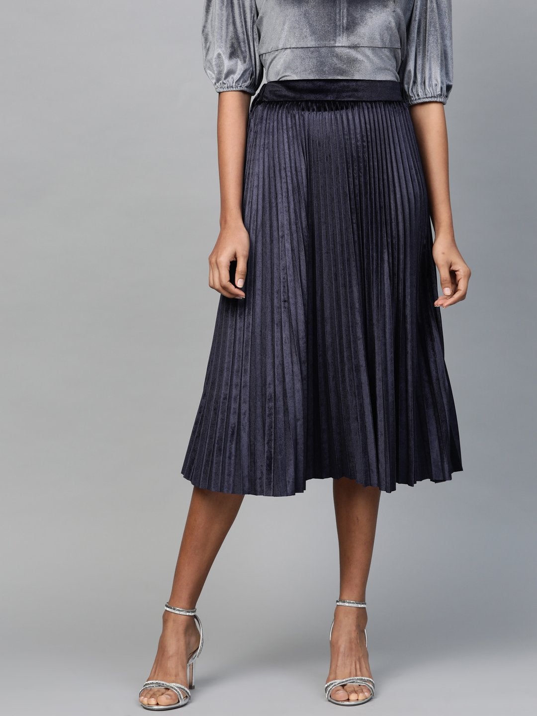 Women's Navy Velvet Pleated Midi Skirt