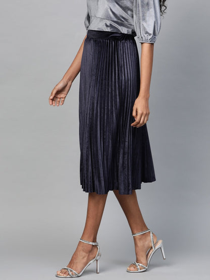 Women's Navy Velvet Pleated Midi Skirt