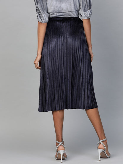 Women's Navy Velvet Pleated Midi Skirt