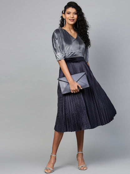 Women's Navy Velvet Pleated Midi Skirt