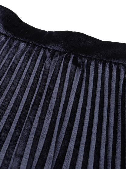 Women's Navy Velvet Pleated Midi Skirt