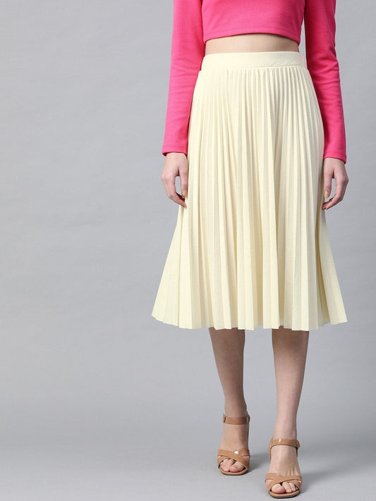 Women's Off White Rib Pleated Skirt