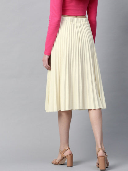 Women's Off White Rib Pleated Skirt