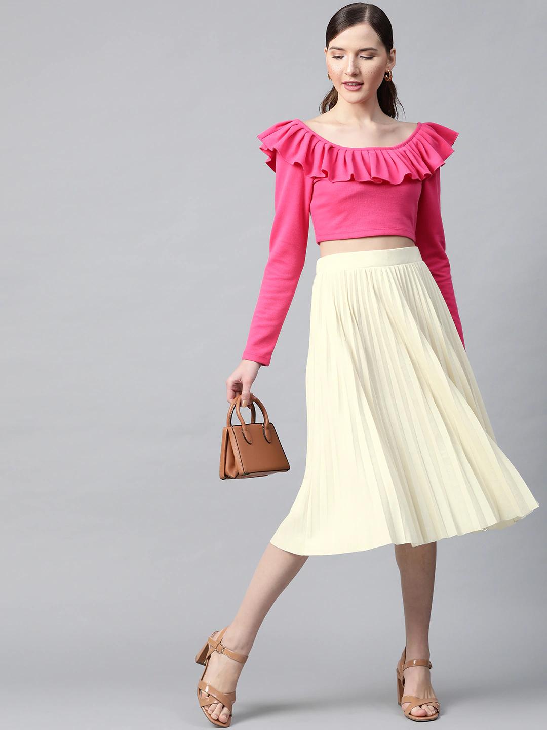 Women's Off White Rib Pleated Skirt