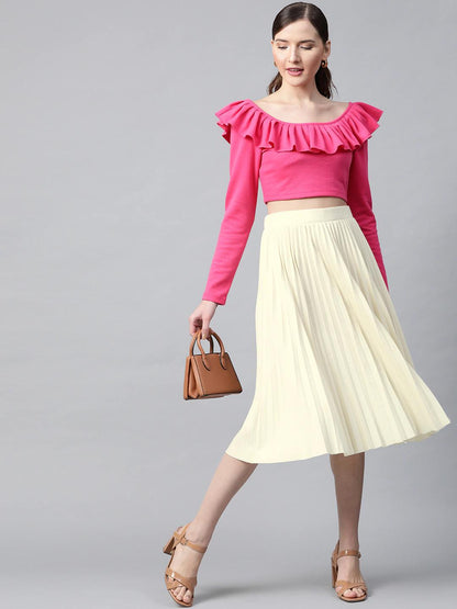 Women's Off White Rib Pleated Skirt
