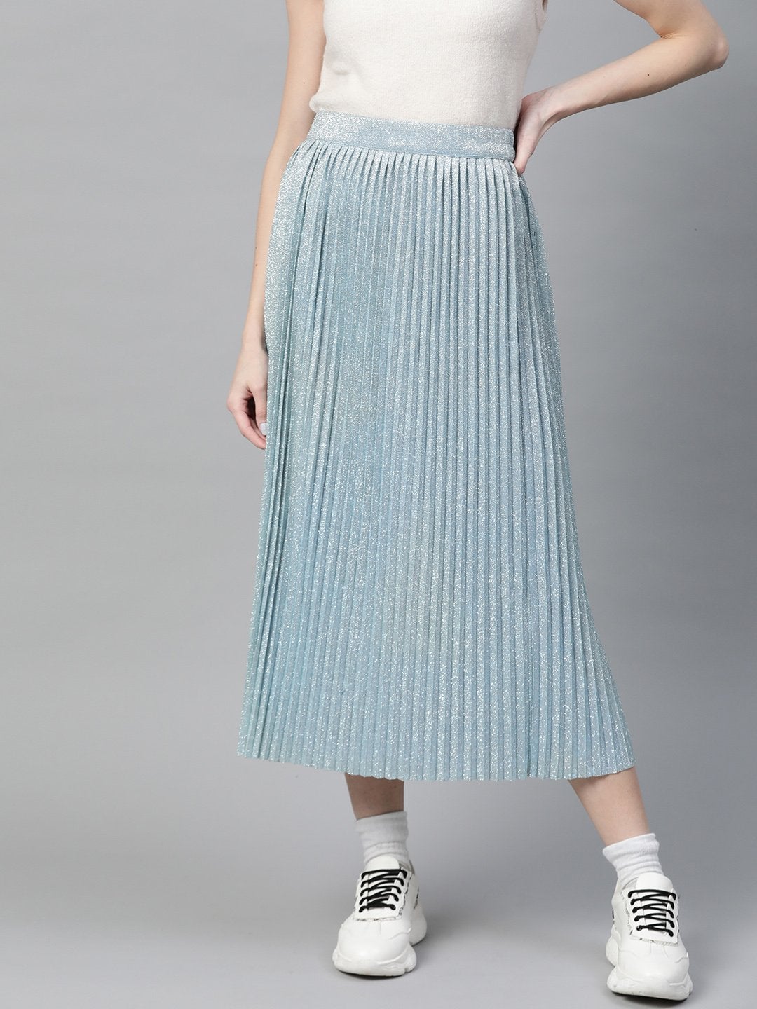 Women's Blue Lurex Pleated Midi Skirt