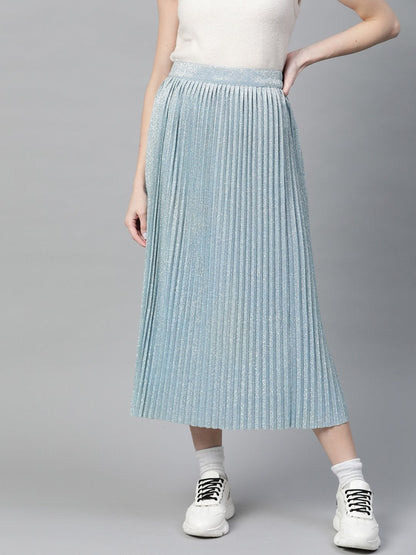 Women's Blue Lurex Pleated Midi Skirt