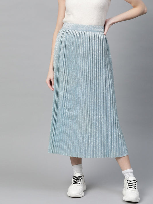 Women's Blue Lurex Pleated Midi Skirt