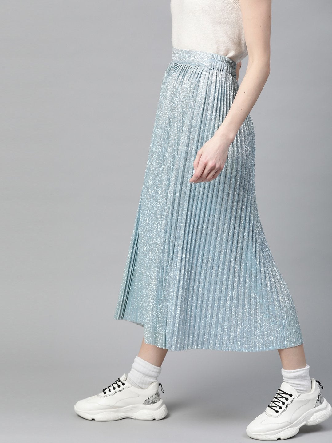 Women's Blue Lurex Pleated Midi Skirt