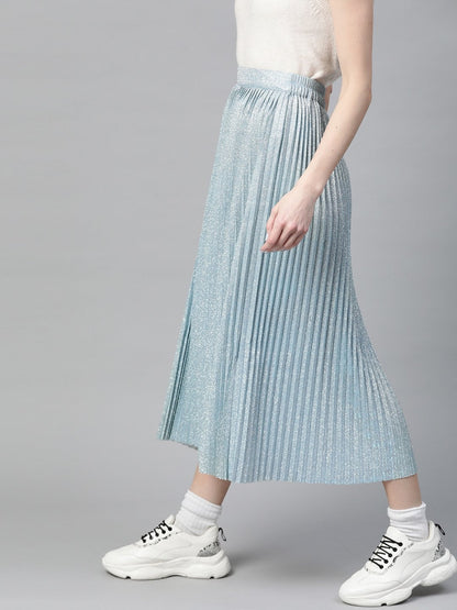 Women's Blue Lurex Pleated Midi Skirt