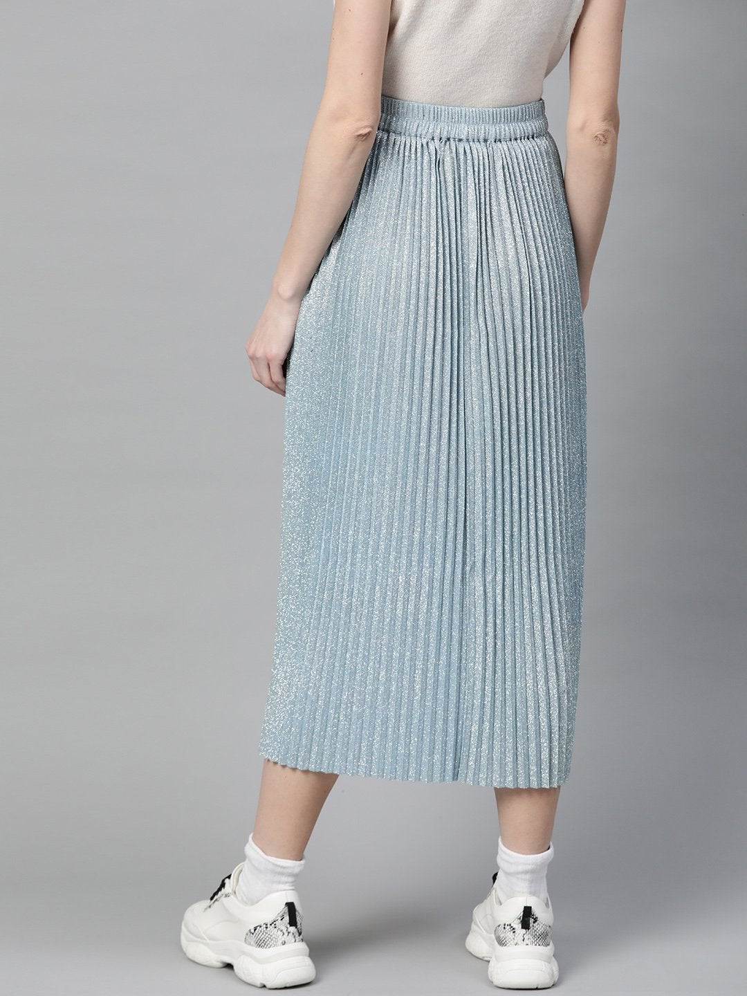 Women's Blue Lurex Pleated Midi Skirt