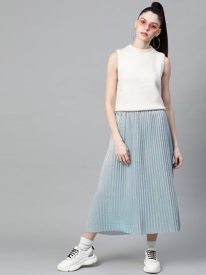 Women's Blue Lurex Pleated Midi Skirt