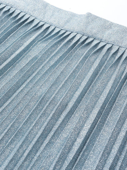 Women's Blue Lurex Pleated Midi Skirt