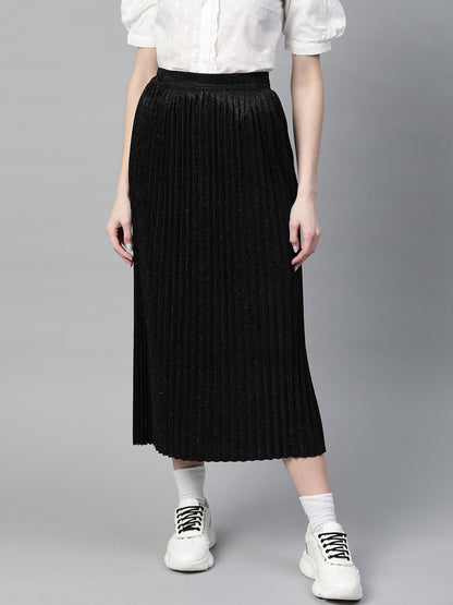Women's Black Lurex Pleated Midi Skirt