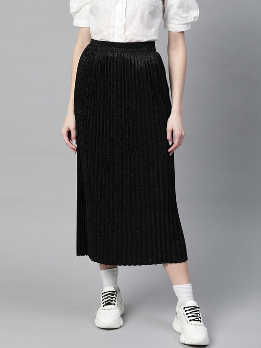 Women's Black Lurex Pleated Midi Skirt