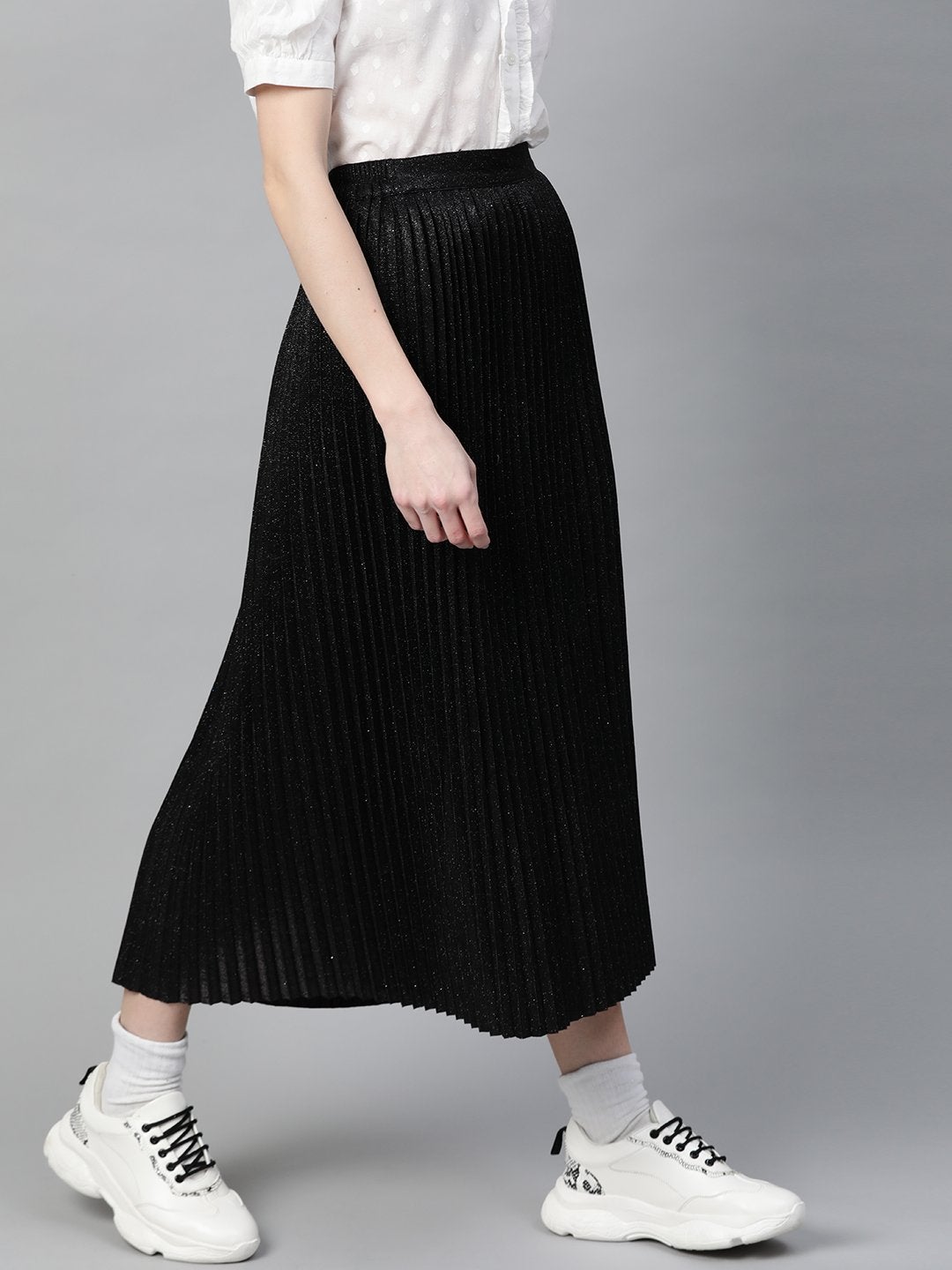 Women's Black Lurex Pleated Midi Skirt