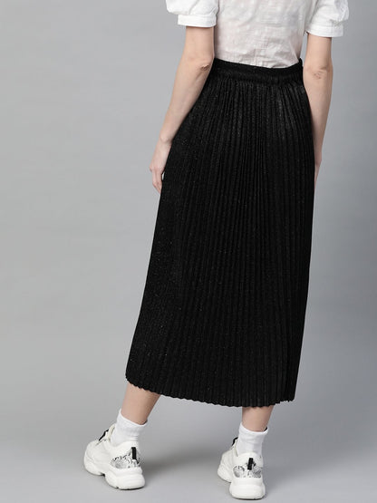 Women's Black Lurex Pleated Midi Skirt