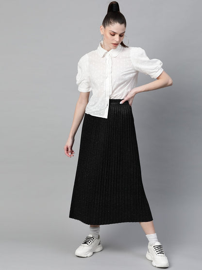 Women's Black Lurex Pleated Midi Skirt