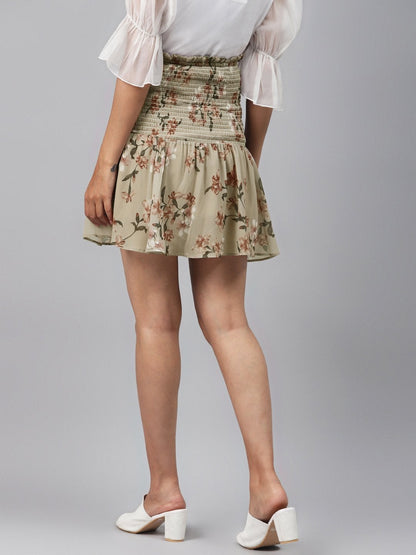 Women's Olive Floral Smocking Mini Skirt