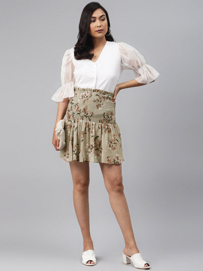 Women's Olive Floral Smocking Mini Skirt