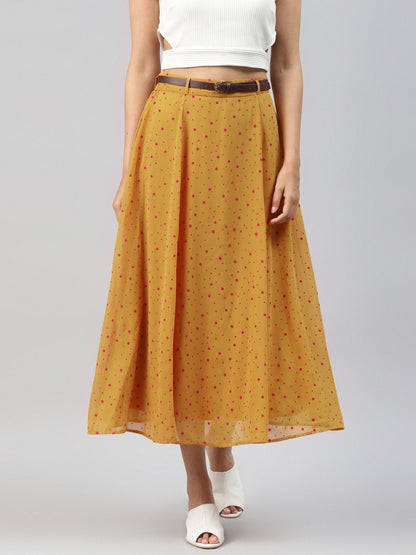 Women's Mustard Flock Print Flared Skirt