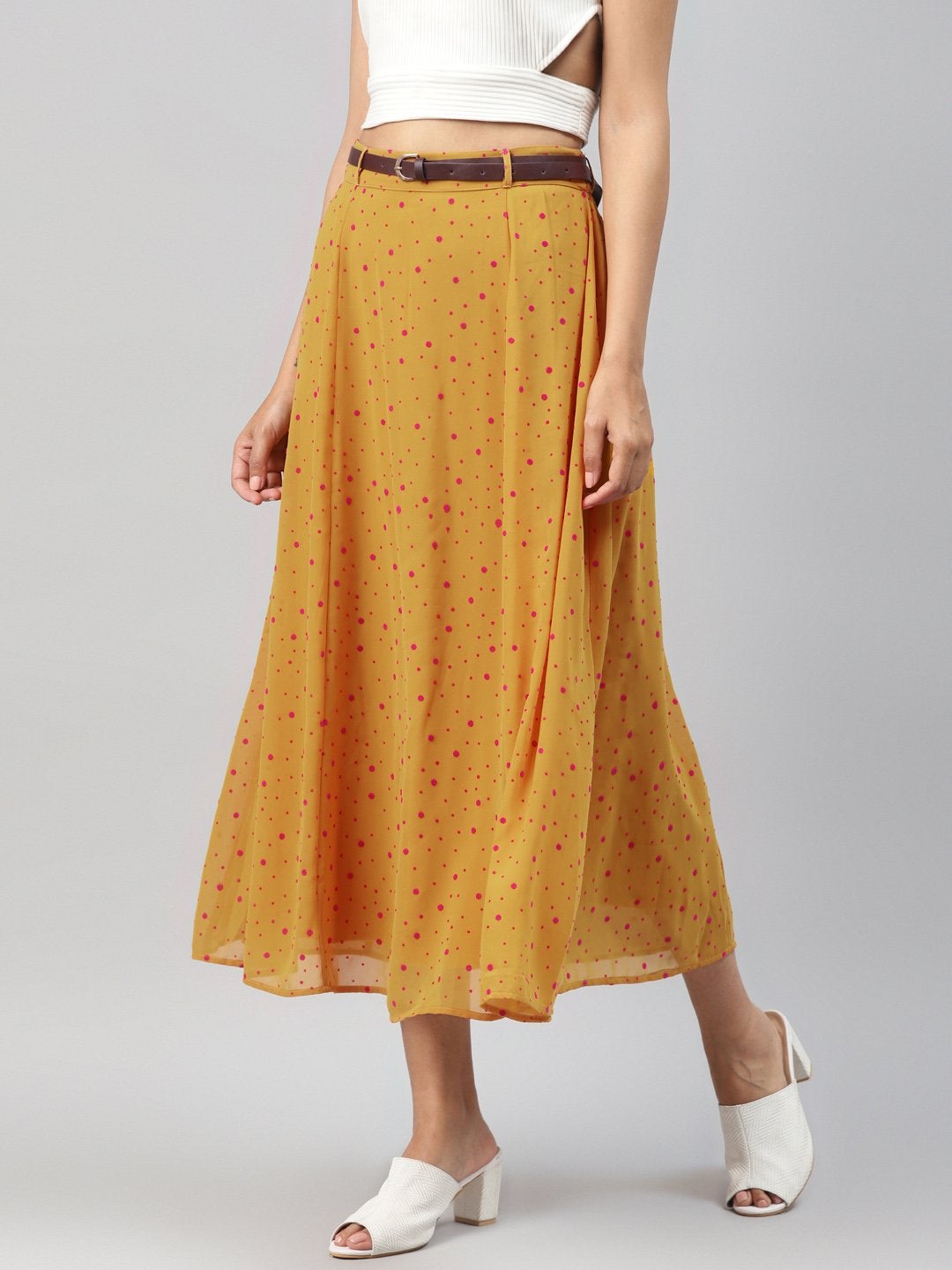 Women's Mustard Flock Print Flared Skirt