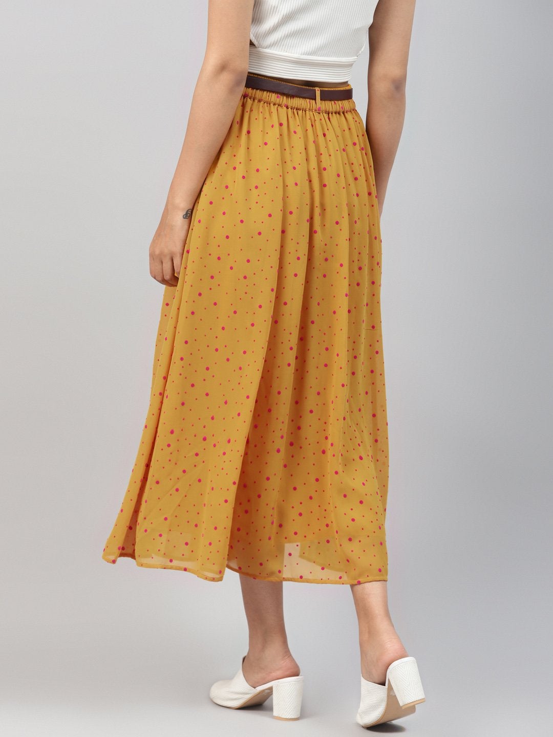Women's Mustard Flock Print Flared Skirt