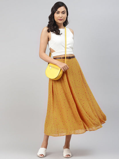 Women's Mustard Flock Print Flared Skirt