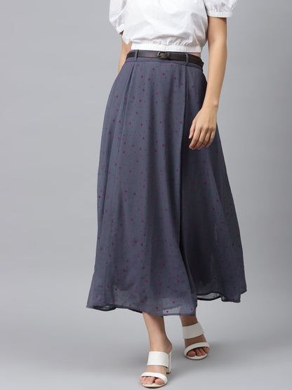 Women's Blue Flock Print Flared Skirt