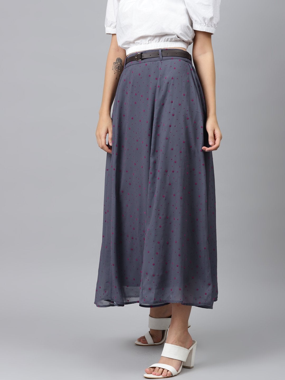 Women's Blue Flock Print Flared Skirt