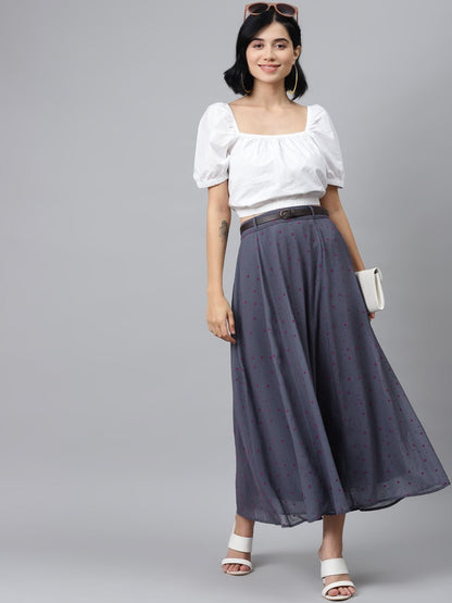 Women's Blue Flock Print Flared Skirt