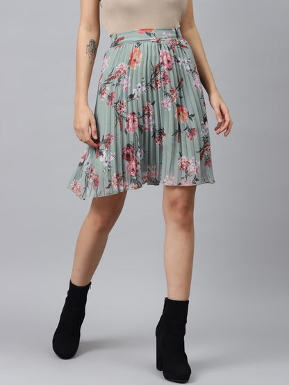 Women's Olive Floral Pleated Mini Skirt
