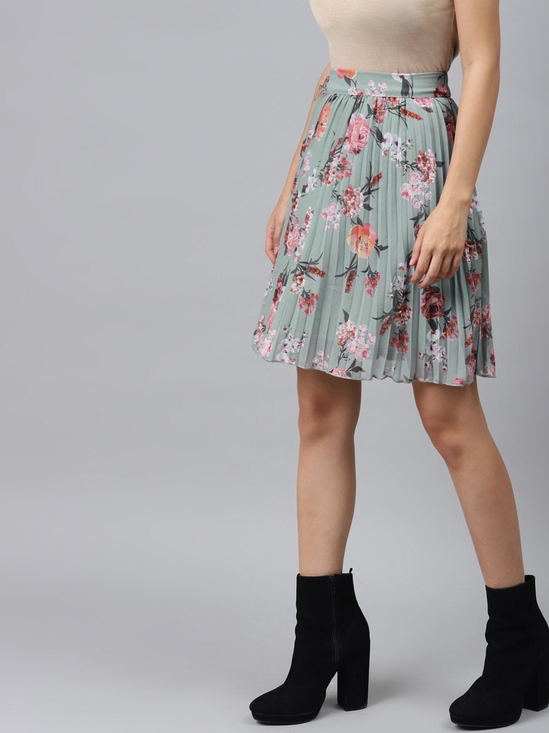 Women's Olive Floral Pleated Mini Skirt