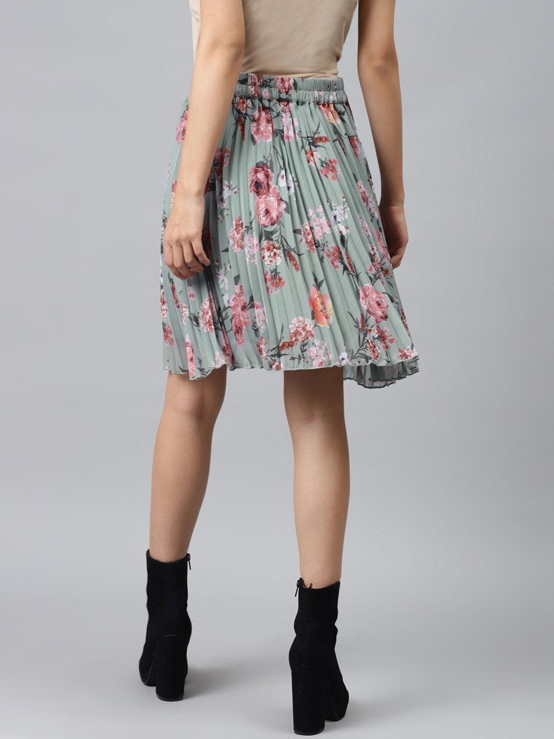 Women's Olive Floral Pleated Mini Skirt