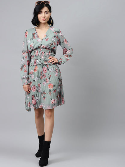 Women's Olive Floral Pleated Mini Skirt