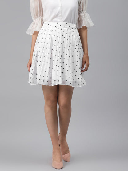 Women's White Pleated Mini Skirt With Black Hearts