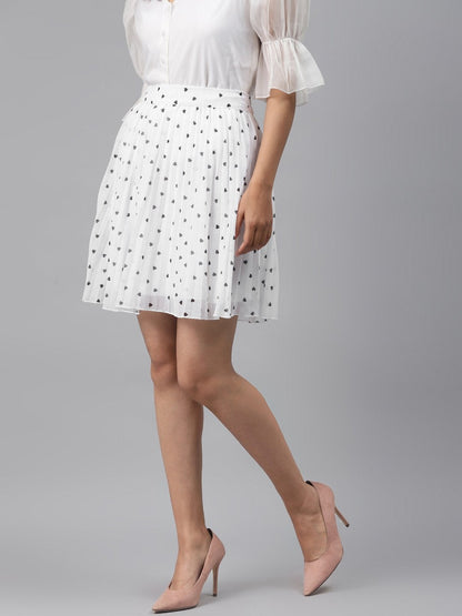Women's White Pleated Mini Skirt With Black Hearts