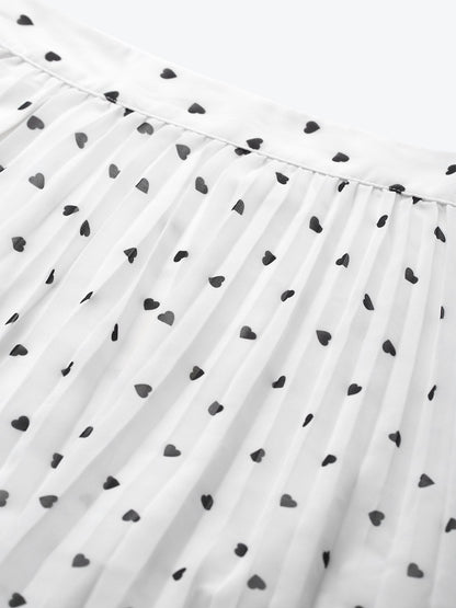 Women's White Pleated Mini Skirt With Black Hearts