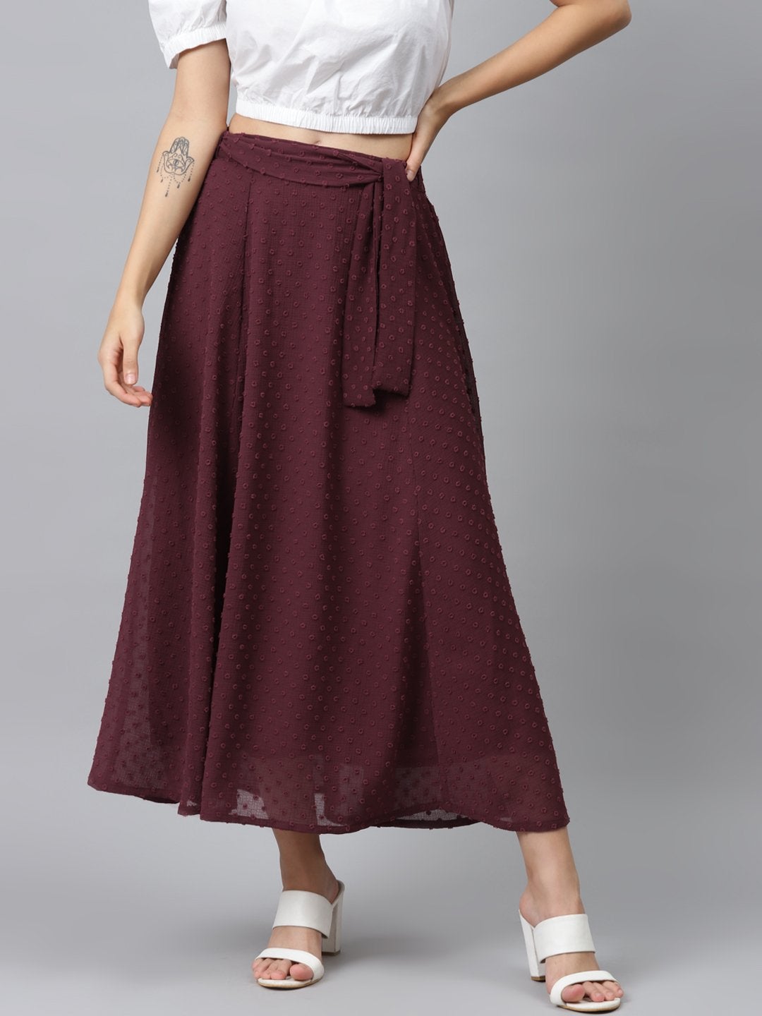 Women's Burgundy Dobby Flared Skirt