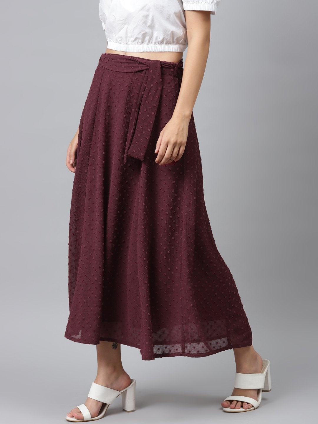 Women's Burgundy Dobby Flared Skirt