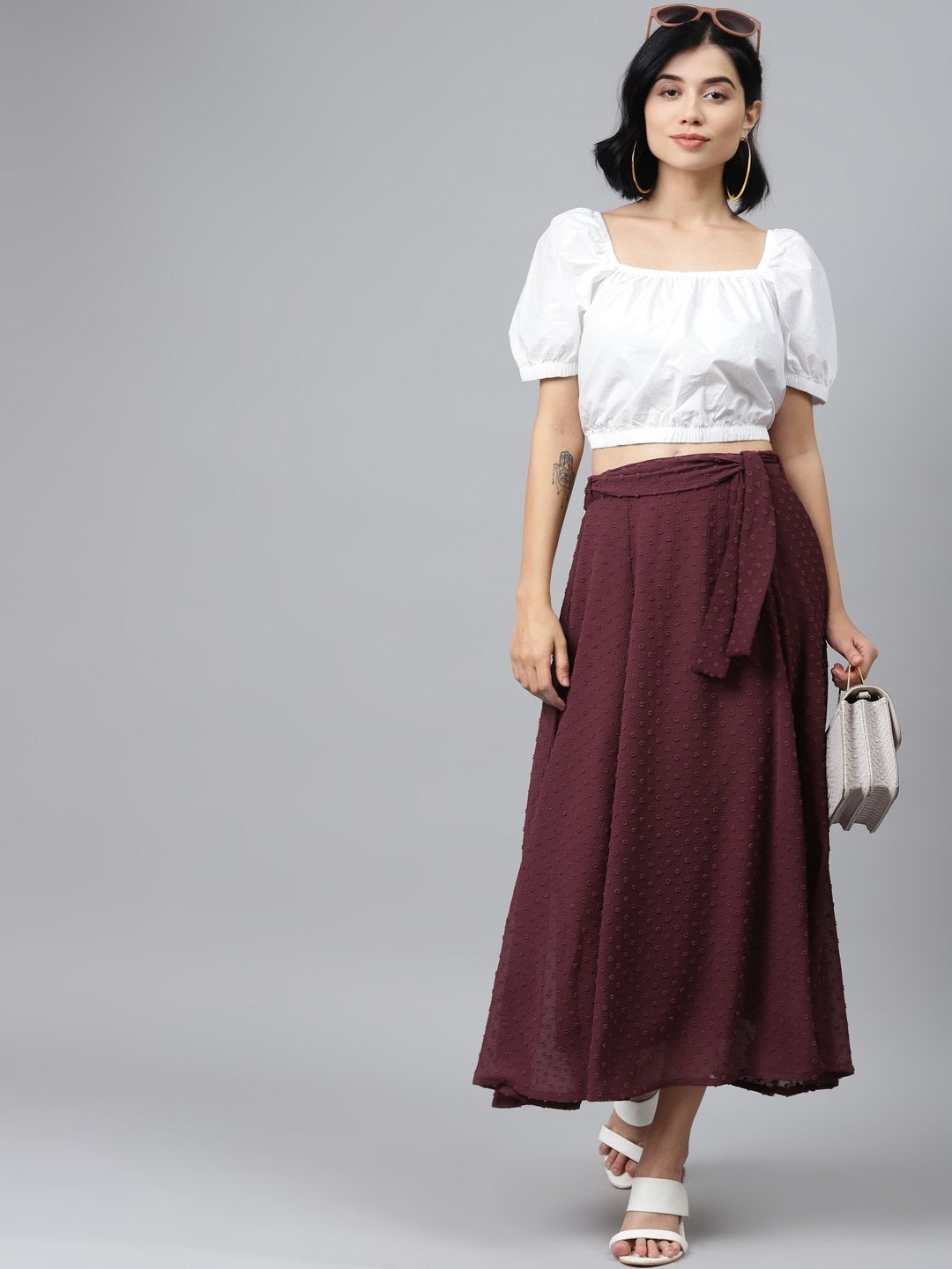 Women's Burgundy Dobby Flared Skirt