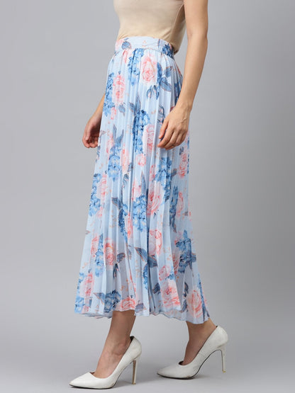 Women's Light Blue Floral Pleated Maxi Skirt
