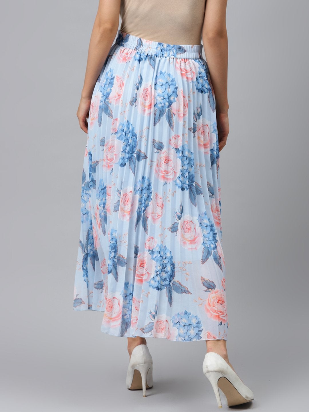 Women's Light Blue Floral Pleated Maxi Skirt